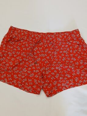 St. Johns Bay Women's Large Red Floral Shorts Linen Blend Drawstring Pockets